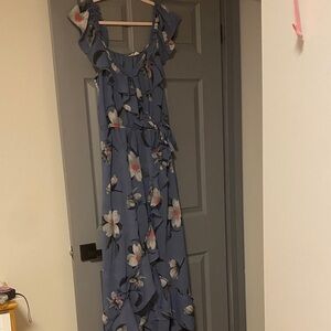 Floral Blue Maxi Sun Dress Hint of Blush high low with opening and lining Easter